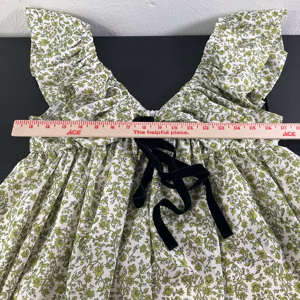 Green Dainty Floral Ruffle V Neck Mini Dress Black Tie Babydoll Cottagecore Boho - Picture 6 of 8